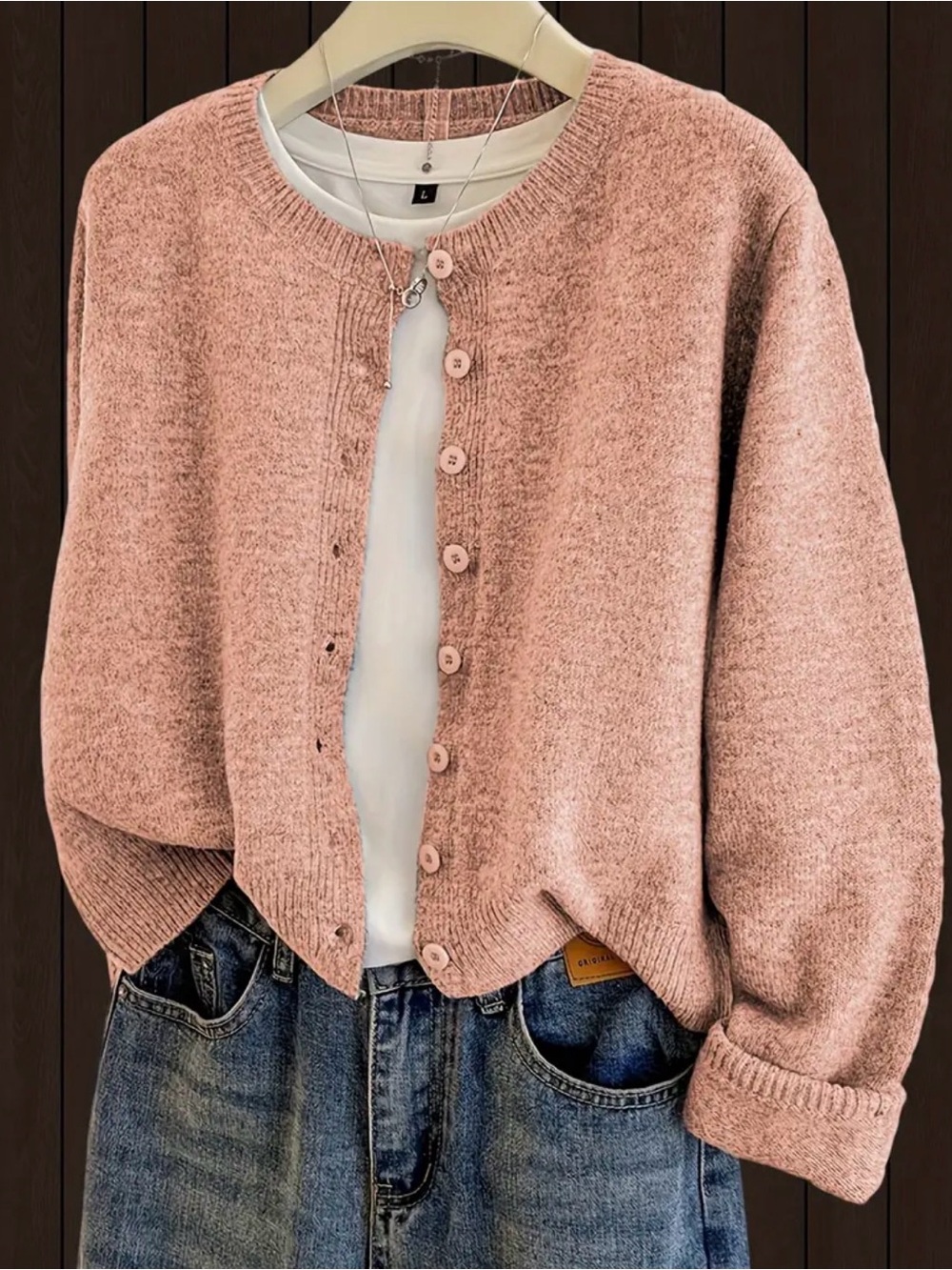 NEW! Women's Pink Button-Up Crewneck Cardigan Sweater